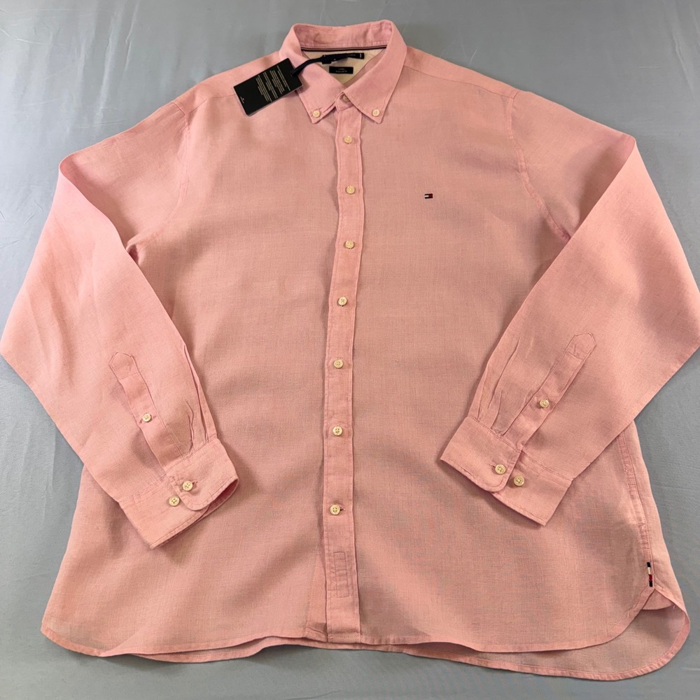 Tommy Hilfiger Mens XXL Pink Linen Regular Fit Button Down Shirt MW34602 NWT